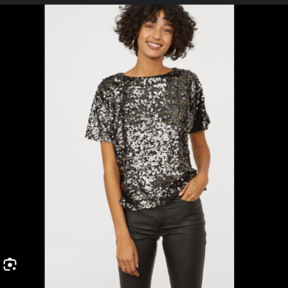 H&M Black Silver Sequin Top Sparkle Loose Boxy Fit Holiday Party Size Small